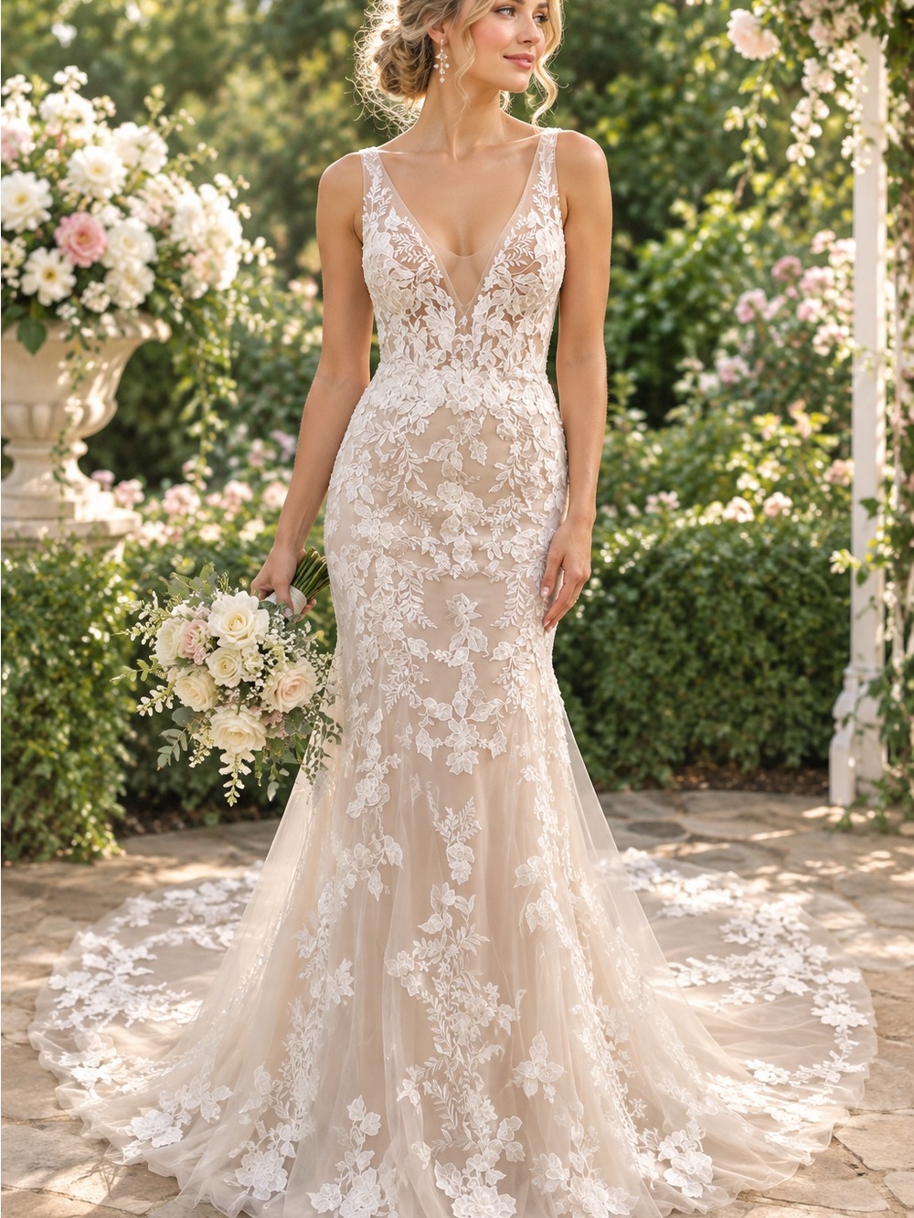 Maggie Sottero Champagne and Ivory Lace V-Neck Bridal Gown
